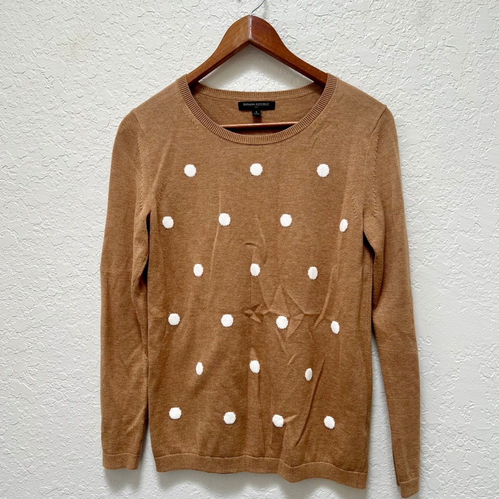 Banana Republic Womens Small Tan Brown Polka Dot Crew Neck Sweater Cotton Blend